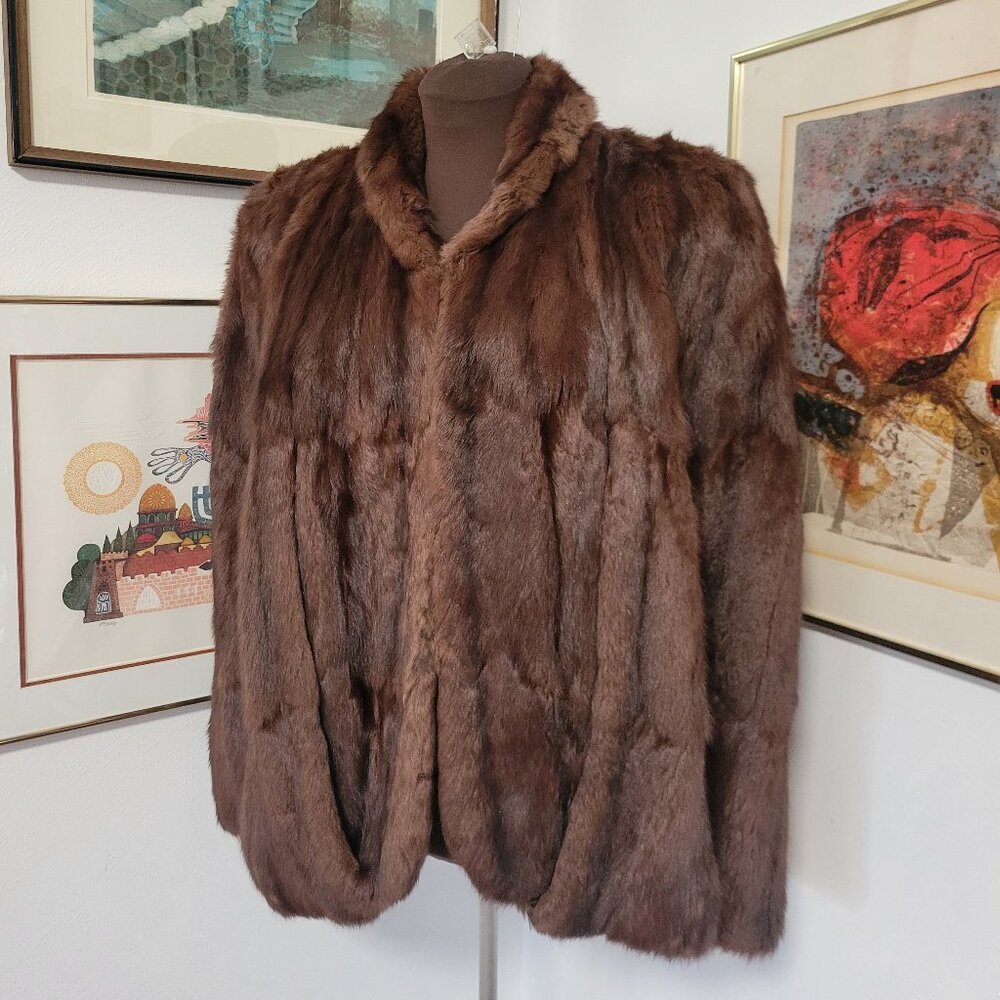 Vintage 1940's Russian Squirrel Fur Coat in Brown Cape style with slits for arms
